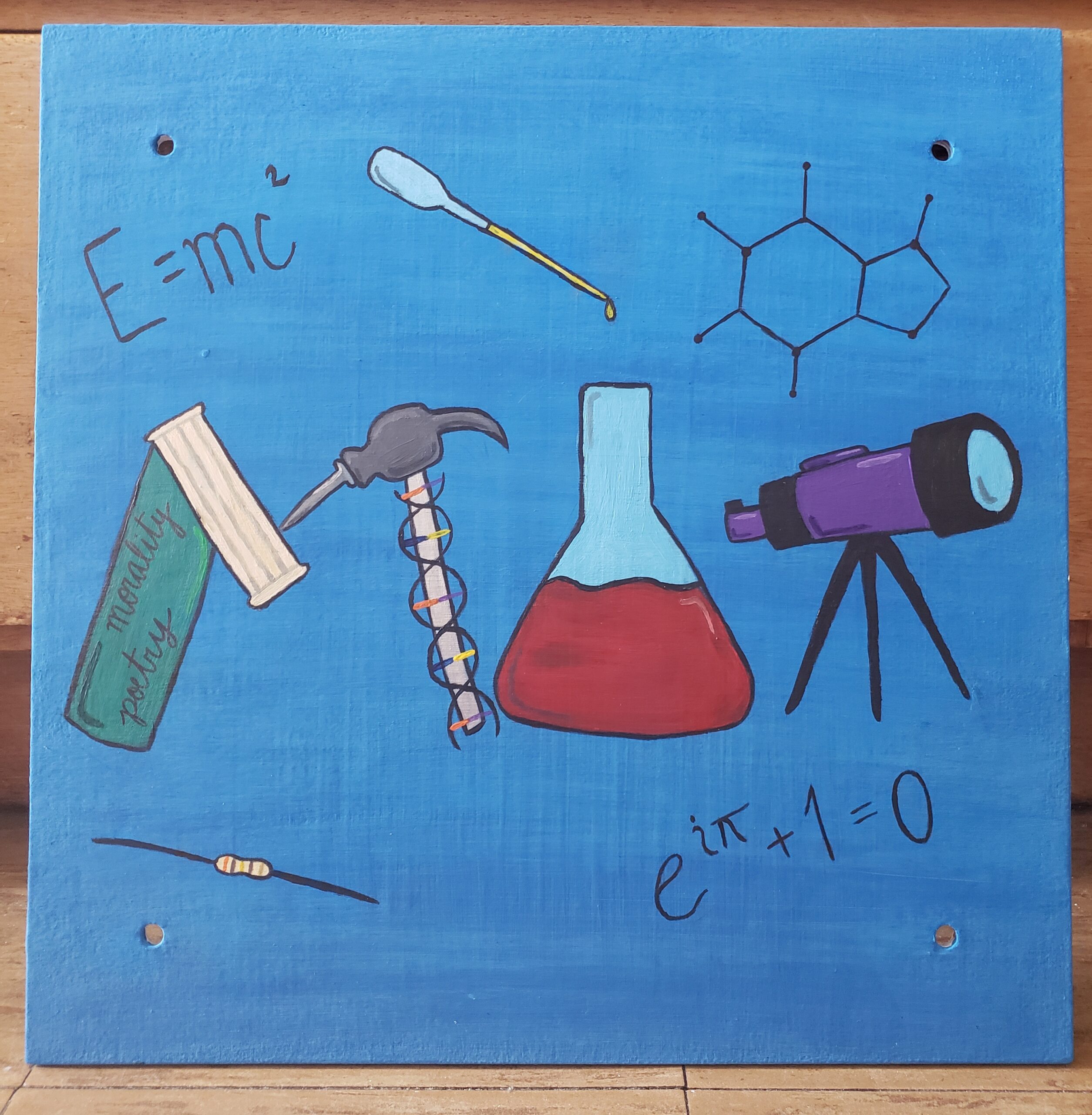 painting of scientific instruments on a blue background