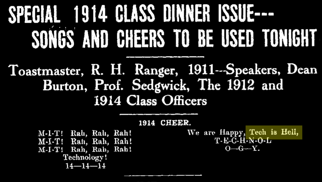 article describing the 1914 cheer, with the line "we are happy, tech is hell".