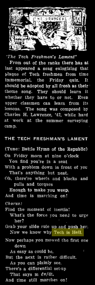 a column describing "the tech freshman lament", including the line "now we know why tech is hell"