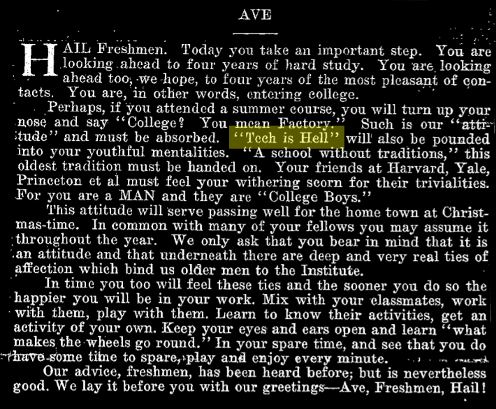 an editorial published in the tech welcoming freshmen to the institute. highlighted in a yellow box is "tech is hell".