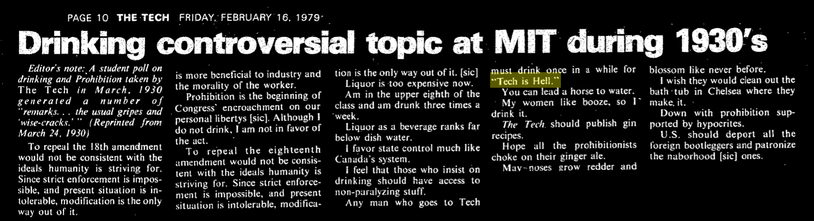 article titled "Drinking controversial topic at MIT during 1930s", reprinted from the 1930s. "Any man who goes to Tech must drink once in a while for Tech is Hell."