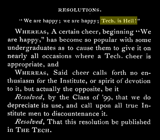 a resolution published in the text discouraging the use of the cheer "tech is hell"