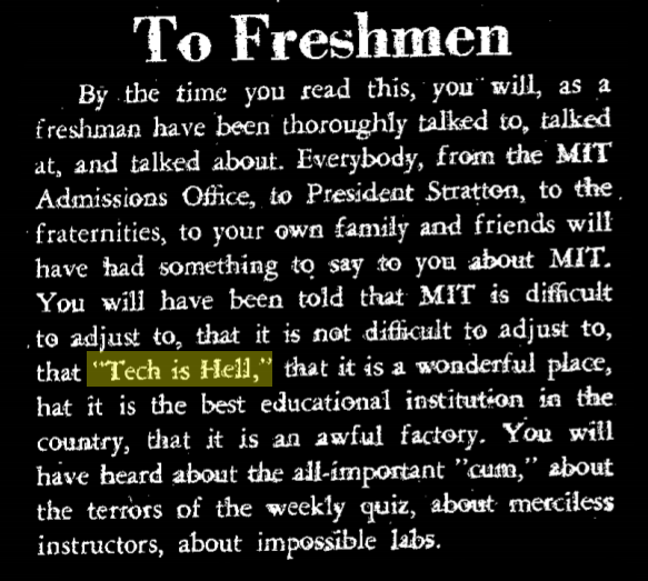 "to freshmen", an editorial in the tech, with "tech is hell" highlighted in yellow