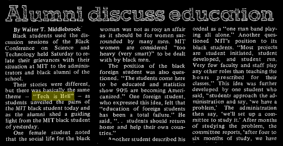 headline "Alumni discuss education". excerpt: "Their stories were different, but there was basically the same theme—Tech is Hell—as students unveiled the pains of the MIT black student today and as the alumni shed a guiding line from the MIT black student of yesterday."