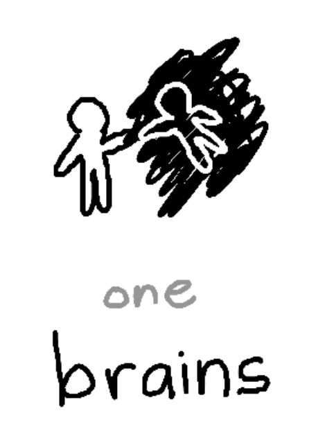 a person touching the hand of another person who is suspended in a black background. beneath, the text "one: brains".