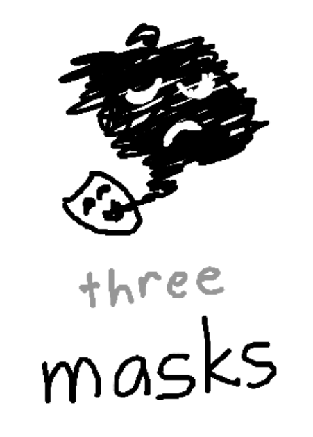a shadow coming out of the mouth of a smiling mask. beneath, the text "three: masks"
