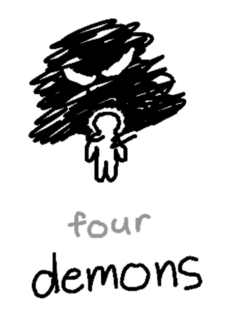 a shadow with eyes grasping the shoulders of a person. beneath, the text "four: demons"