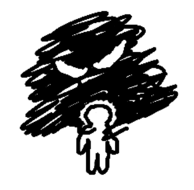 a shadow with eyes grasping the shoulders of a person