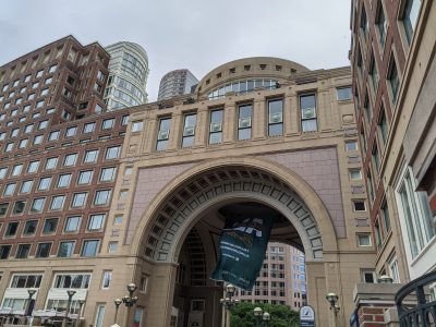 picture of fancy building with billowing banner