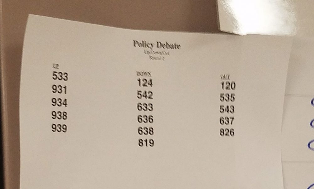 blurry sheet with columns labeled up, down, out with numbers underneath