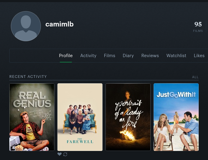 screenshot of my letterboxd and recent movies i've watched (real genius, just go with it, portrait of a lady on fire, the farewell)