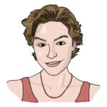 A head-and-shoulders illustration of Ella. She has light skin, short brown hair, and is wearing an orange-red tank top and a necklace.