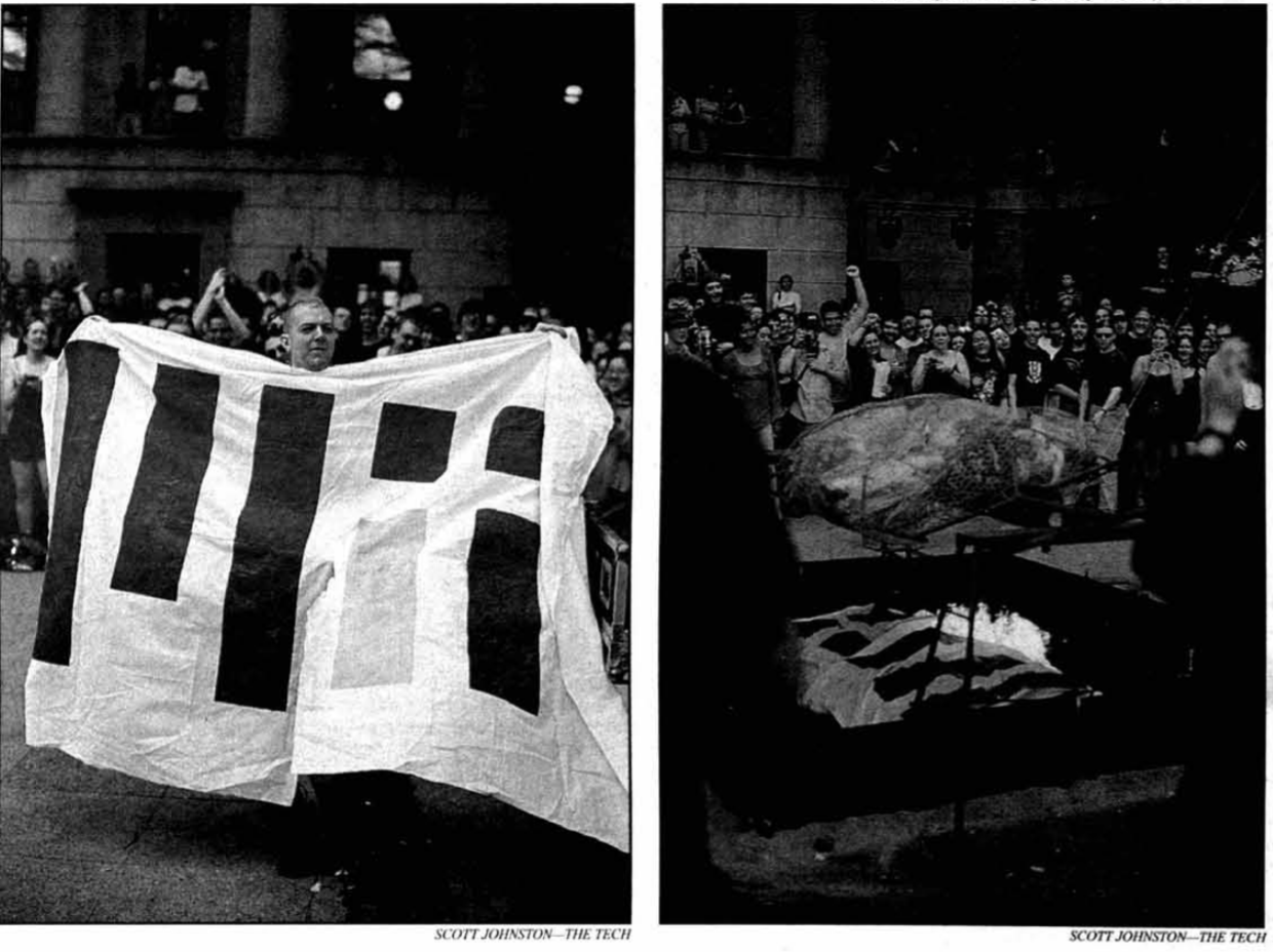 two side-by-side pictures. left: a person holding a flag with "mit". right: the flag being burned and used as kindling for a roast