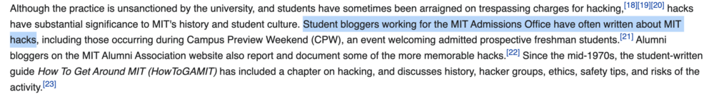 a screenshot from the wikipedia article about MIT hacks