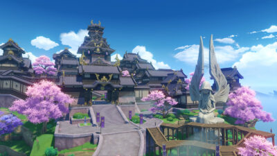 A landscape shot of the government center in Inazuma City in Genshin Impact