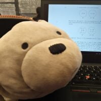 a stuffed toy, ice bear next to a laptop, against a backdrop of a classroom