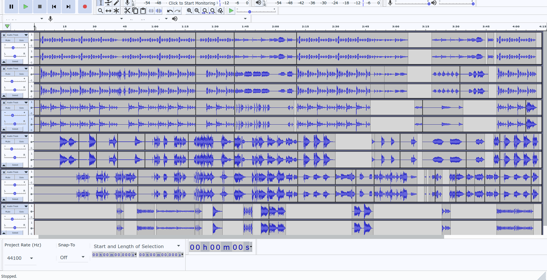 screenshot of audio editing software with lots and lots of audio tracks
