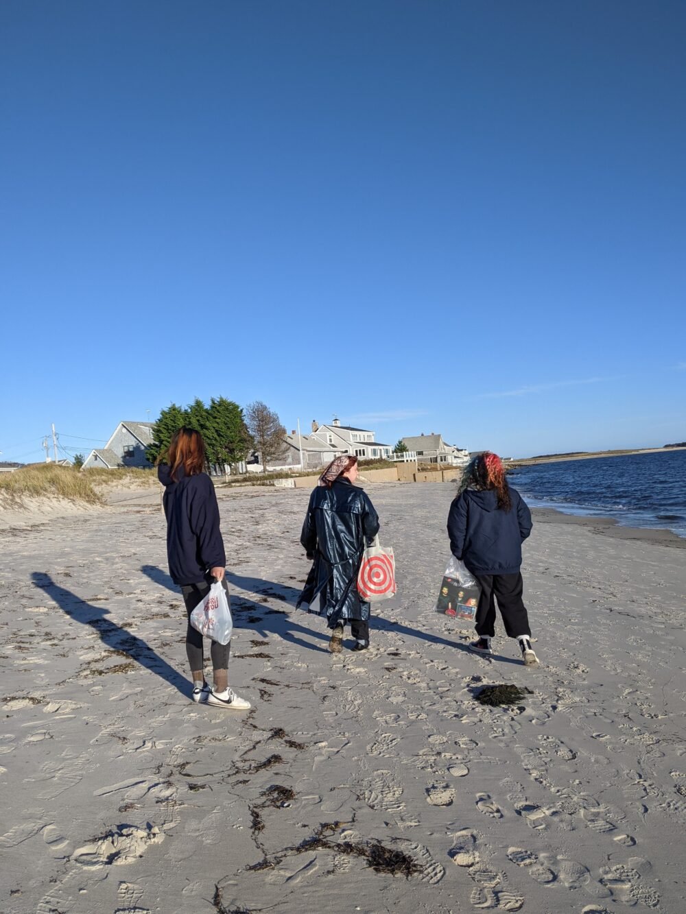 three people on a seashore