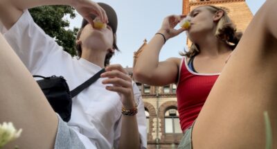 Olivia and Ella taking a ginger shot