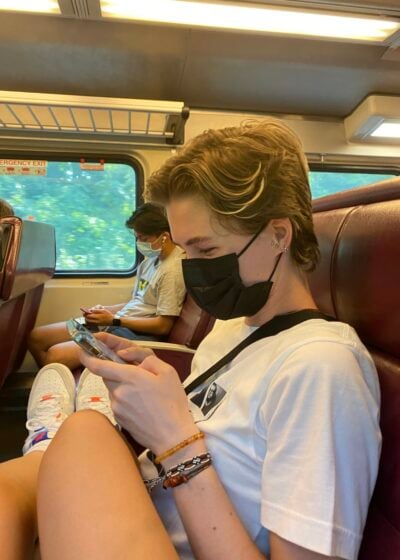 Ella on a train