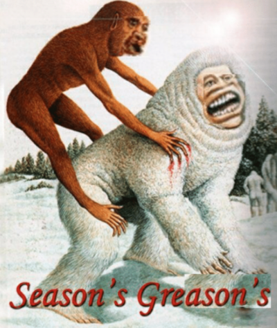 meme with a monkey attacking a yeti-looking creature, captioned by "season's greason's"