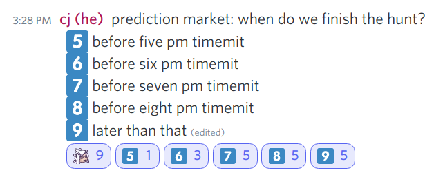 discord message. "prediction market: when do we win finish the hunt?" answers include times from five to eight pm timemit. most people answered later than seven pm but before eight pm.