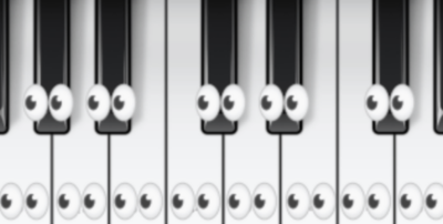 a game with a virtual piano keyboard and the eyes emoji on the keys