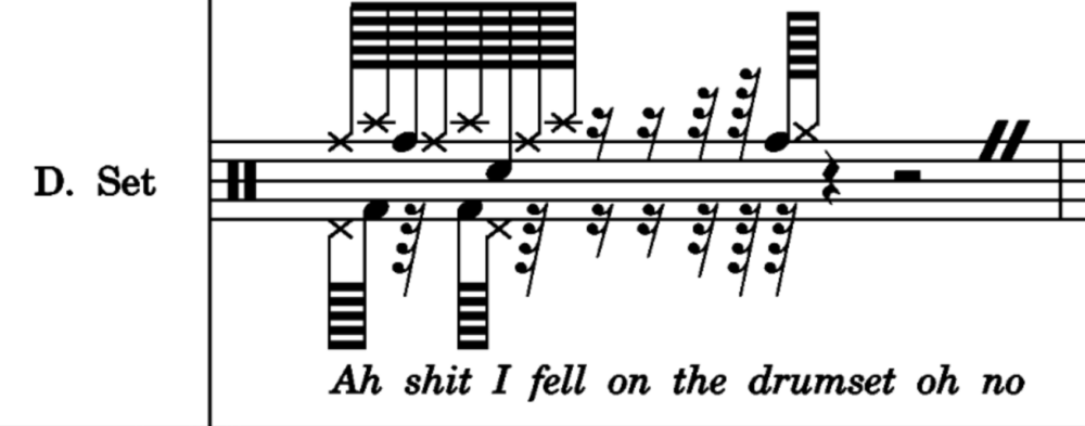 a music sheet with the lyric "Ah shit I fell on the drumset oh no"
