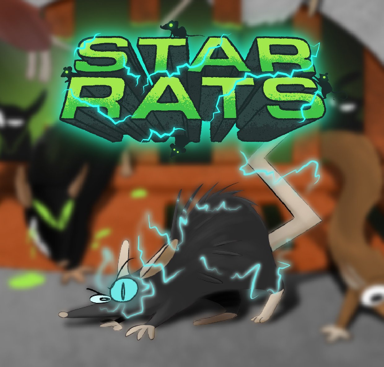 image of cartoon rat with electricity under title "STAR RATS"