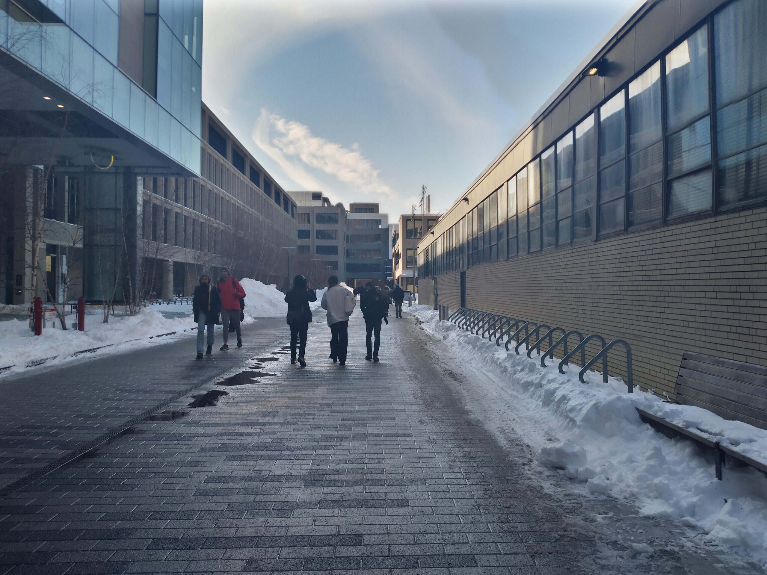 an outside walkway. lots of snow to the sides.