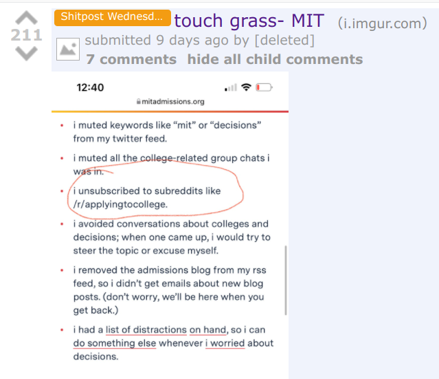 reddit post, title "touch grass MIT", posted on /r/applyingtocollege
