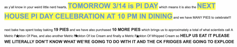 announcement of pi day event at next from dormspam