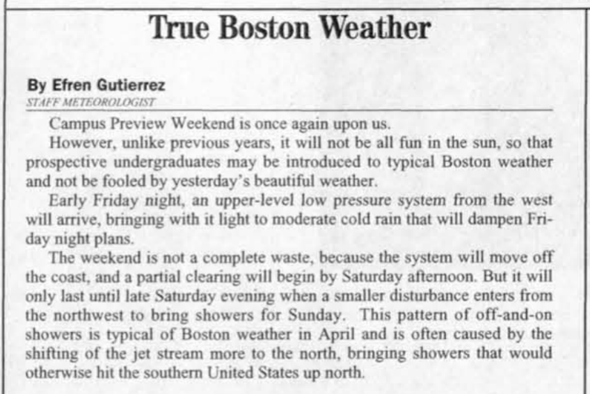 text, a column called "true boston weather"