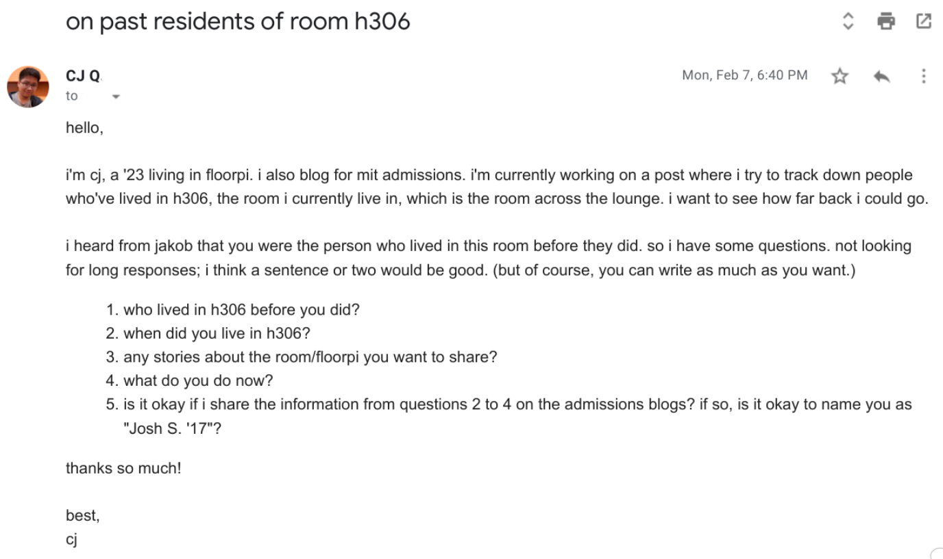 email with subject "on past residents of room h306"
