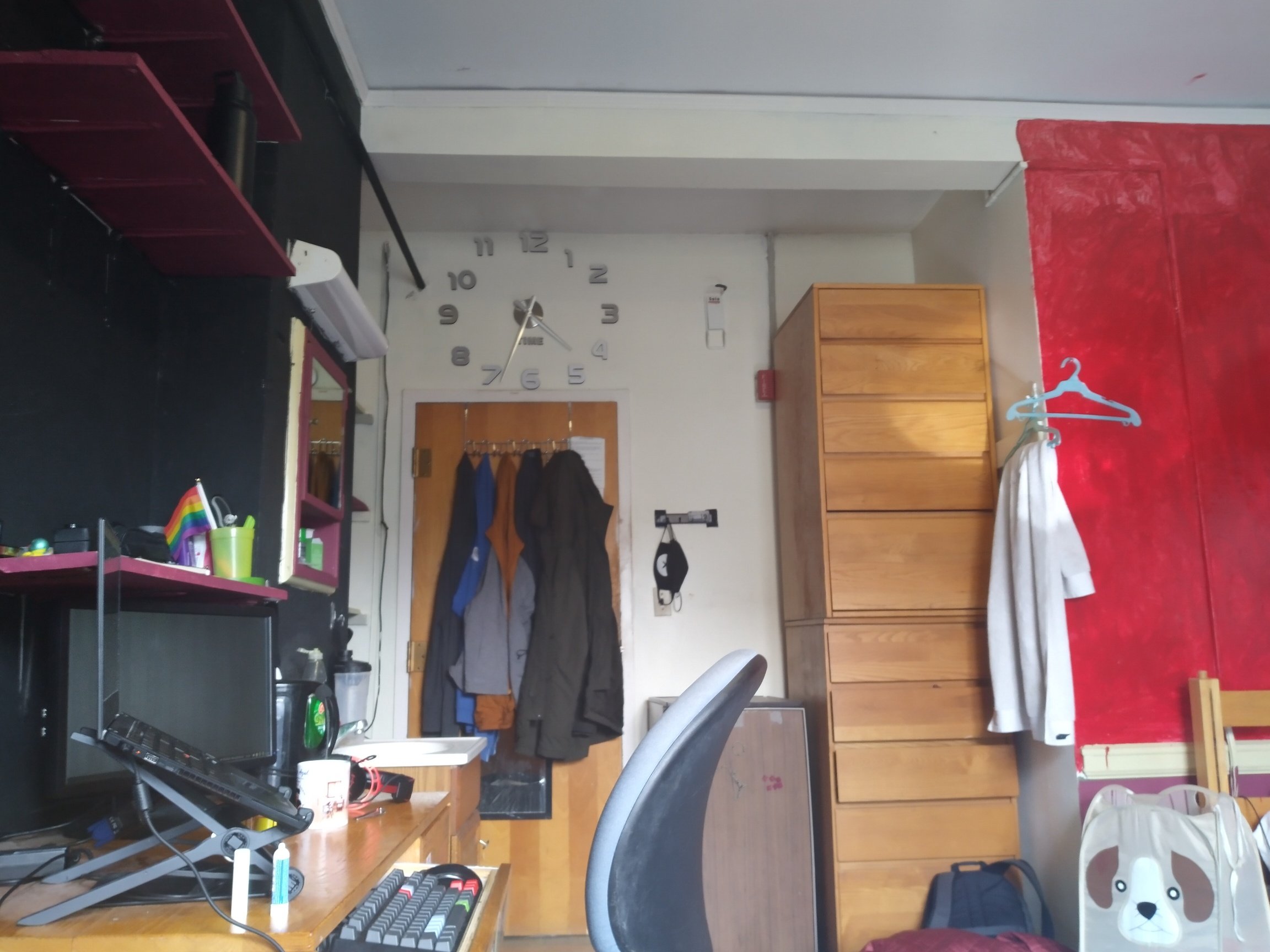 the east wall of my room, featuring a closed door