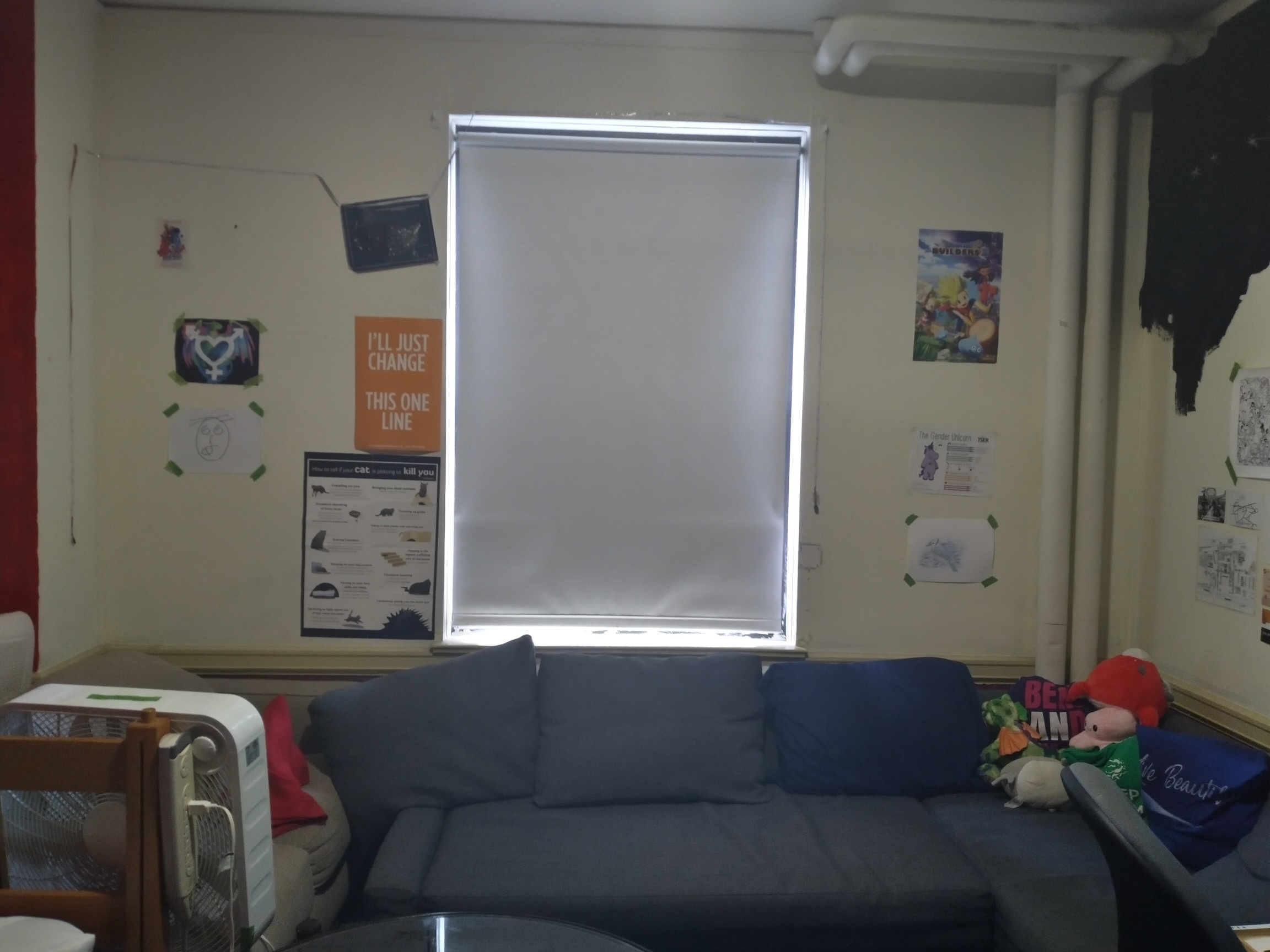 the west wall of my room, with a window shade drawn