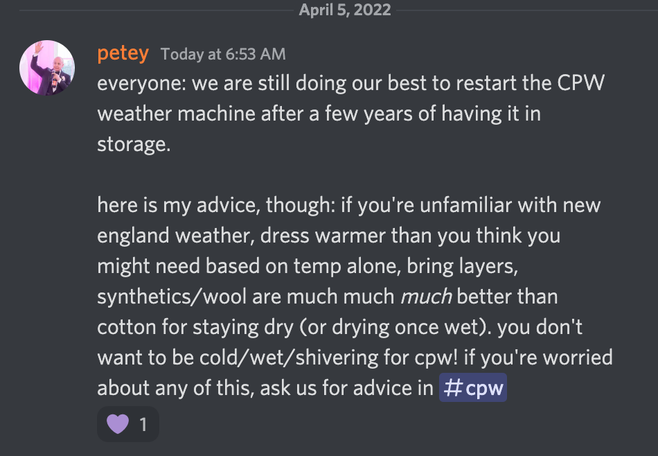 discord message from petey explaining how synthetics/wool are better than cotton for staying dry