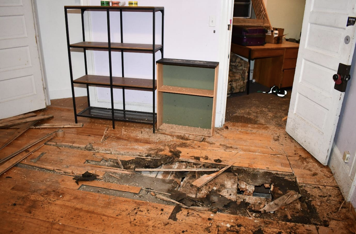 the damaged floor where the fire was