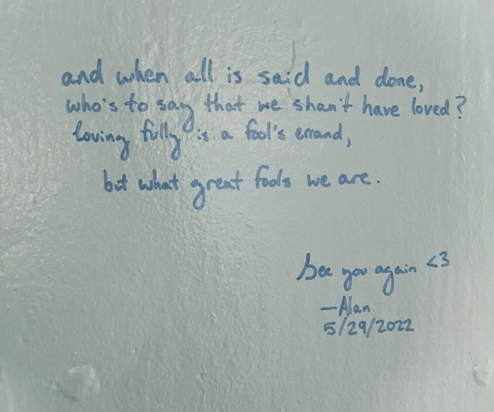 poem which reads "and when all is said and done, who's to say that we shan't have loved? loving fully is a fool's errand, but what great fools we are"