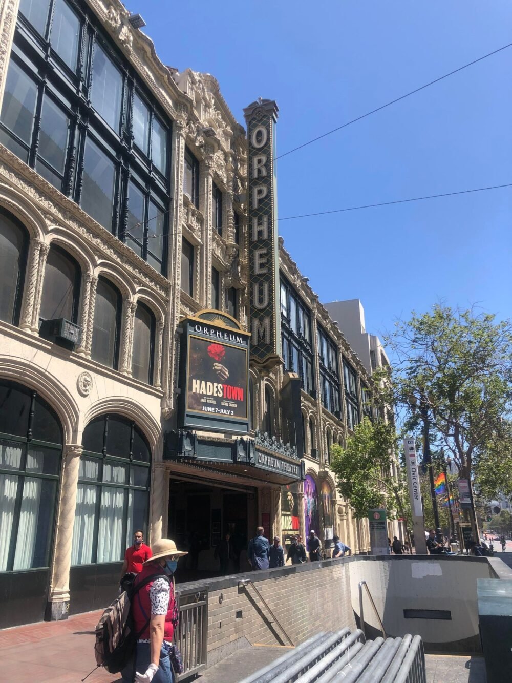 san francisco orpheum theatre with hadestown poster