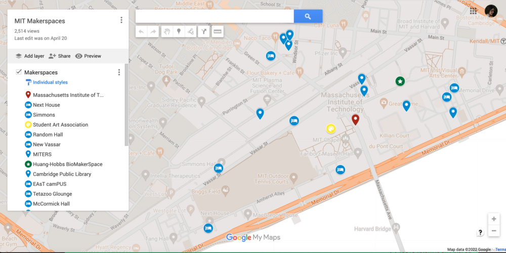 map of MIT with makerspaces highlighted