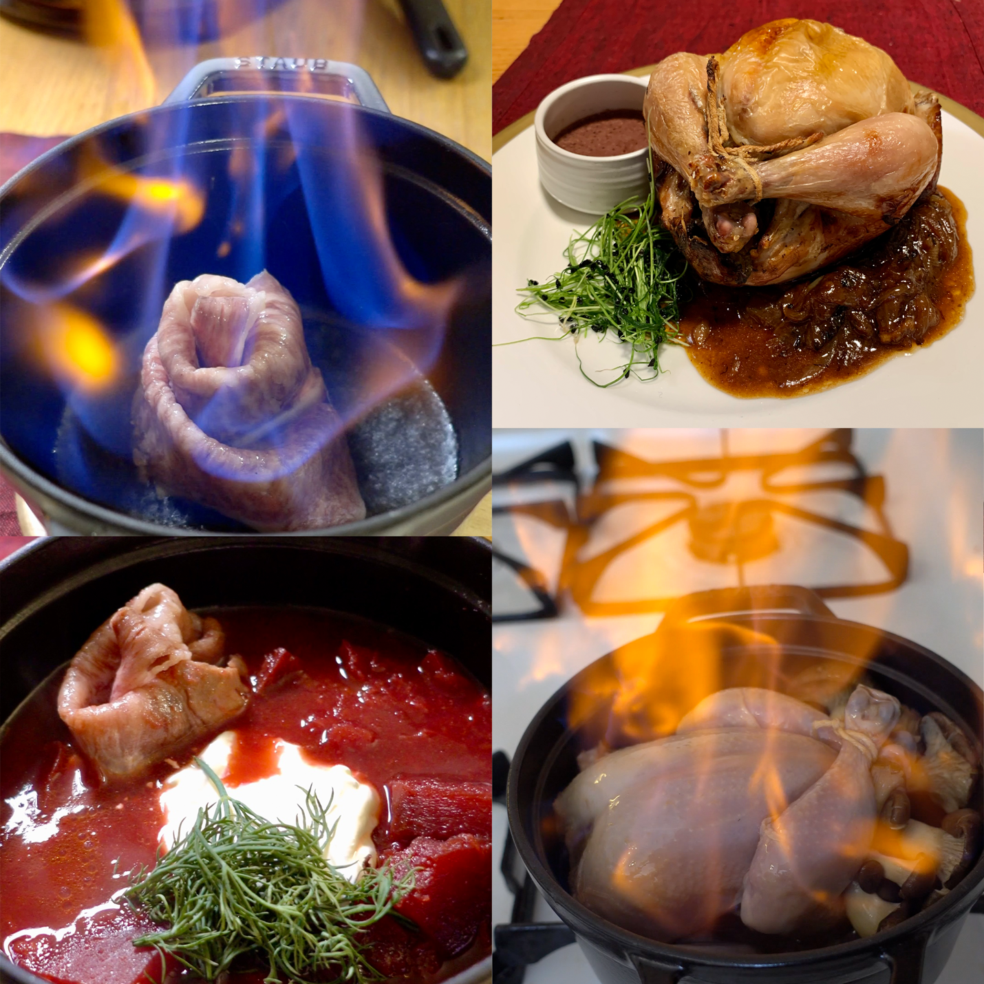 four subpictures. on left: a flambed piece of meat, and soup. right: chicken, and flambed chicken