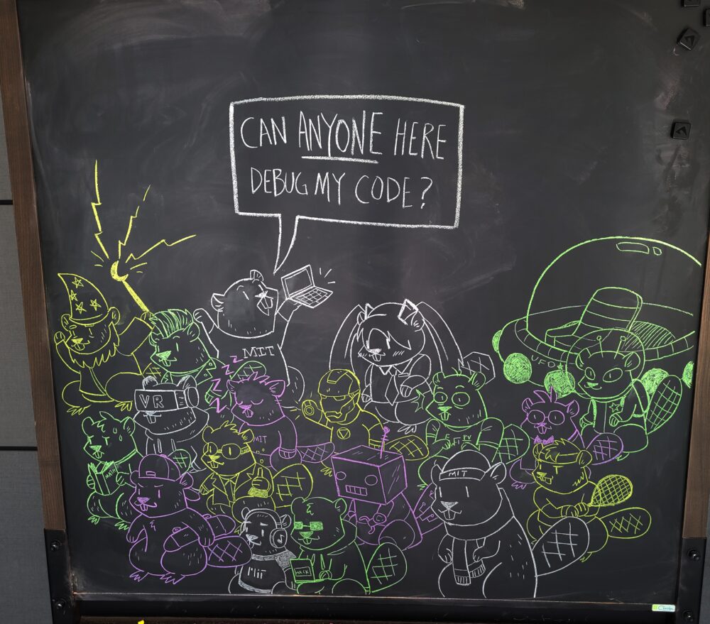 chalk drawing: different beavers gathered together, with one beaver shouting, "can anyone here debug my code?"