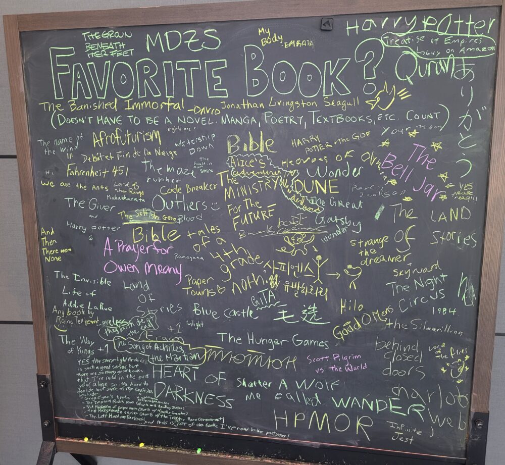 chalk prompt: "favorite book?"