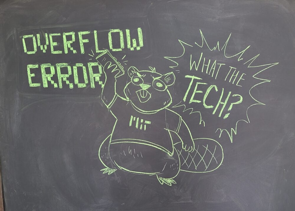 chalk drawing: a beaver holding up a calculator yelling "what the heck?"