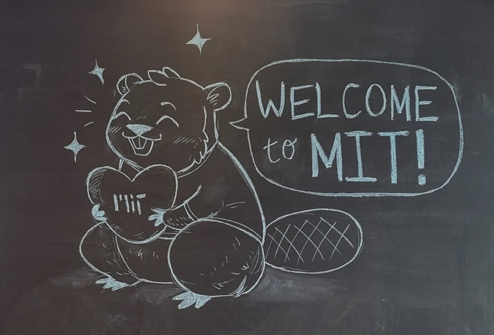 chalk drawing: tim the beaver holding up a heart pillow and saying, "welcome to MIT!"