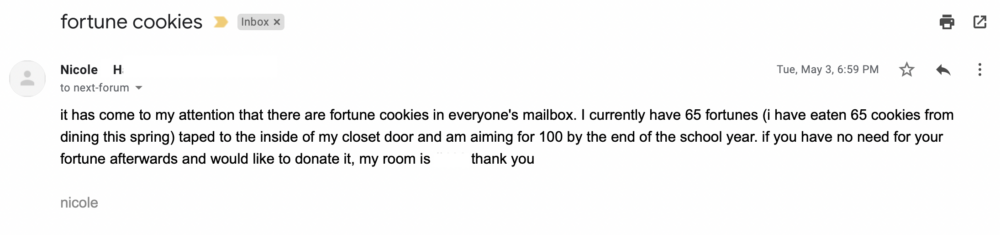 unhinged email from nicole h. '22 about her goal to eat 100 fortune cookies by the end of the year