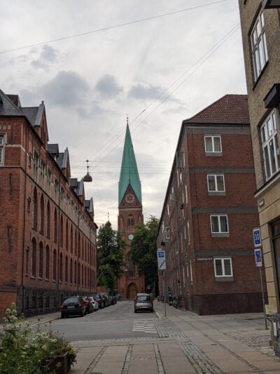 Copenhagen street with a temple