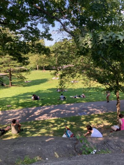 A park with some rocky and some grassy areas. Both have small groups of people sitting on them.