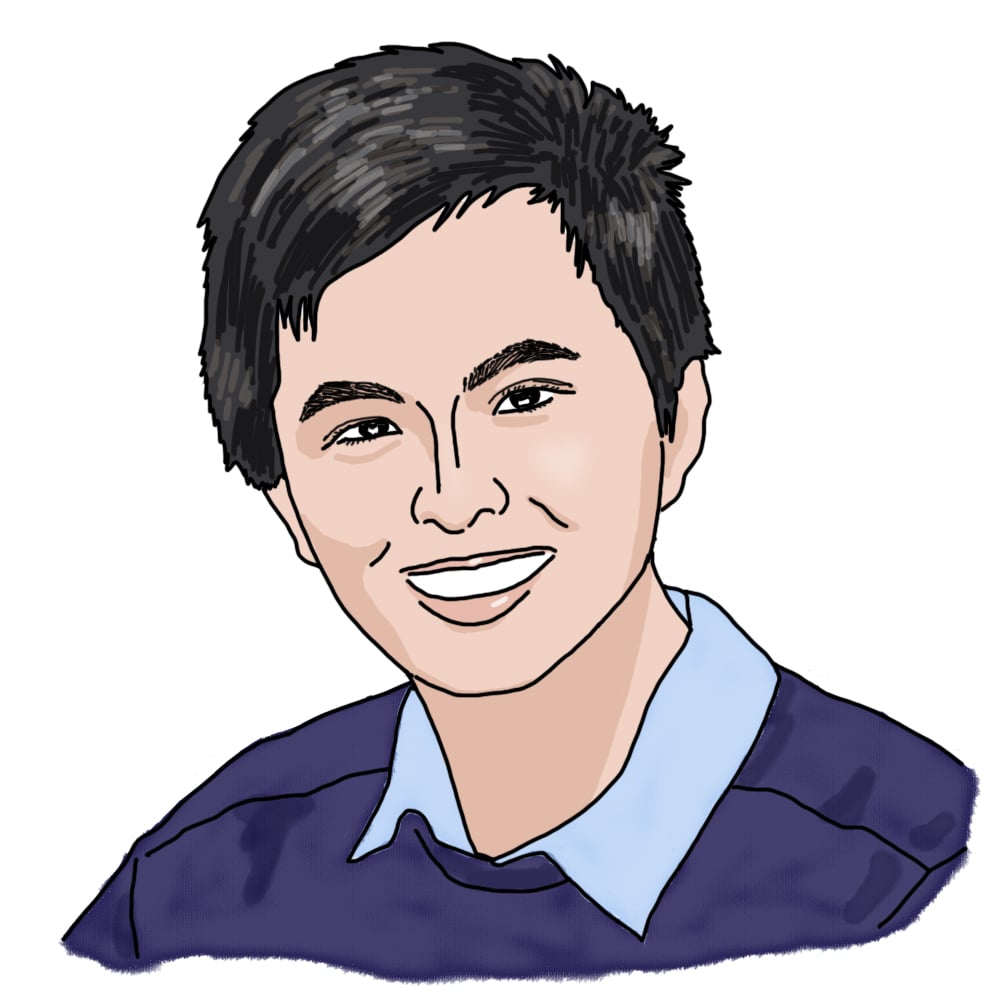 An illustration of Andi's profile. He has light skin, short black hair and is wearing a light blue collared shirt under a darker blue sweater.